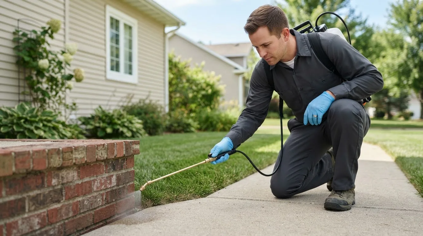 Pest control technician treating a home near Poteet, TX