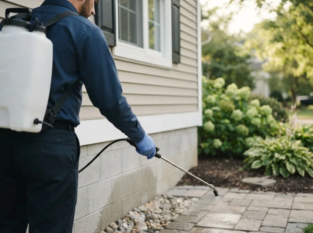 Pest control technician inspecting a home in Poteet, TX